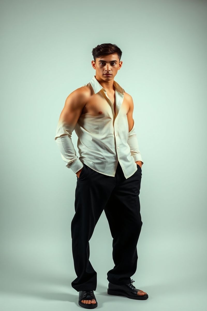 Mateo Delgado full body editorial pose in high fashion clothing