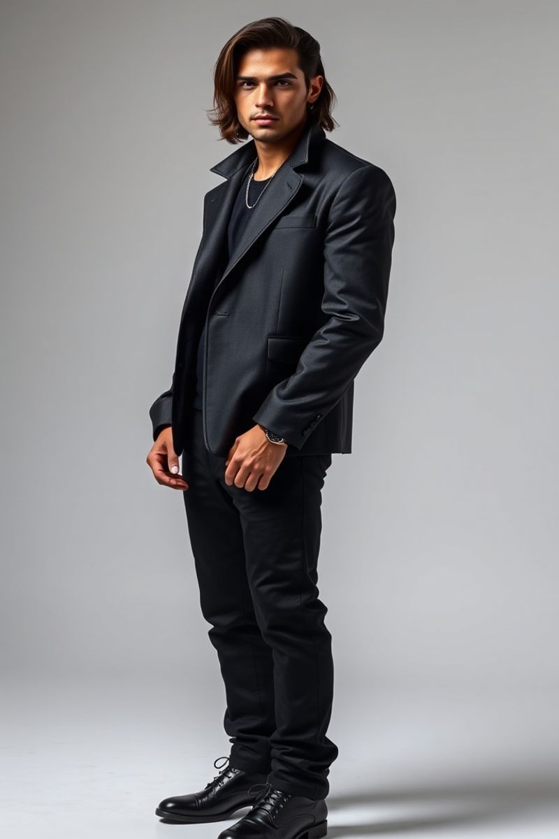 Mateo Fernández full body editorial pose in high fashion clothing