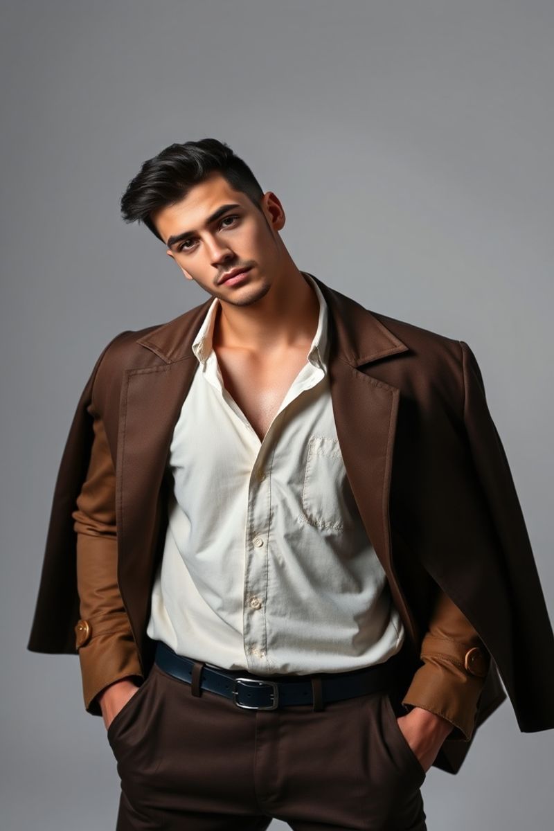 Mateo Ibarra full body editorial pose in high fashion clothing