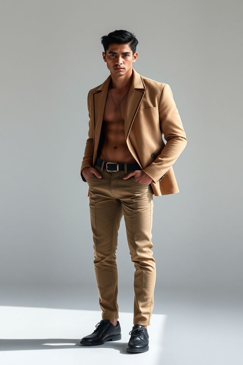 Mateo Valencia full body editorial pose in high fashion clothing