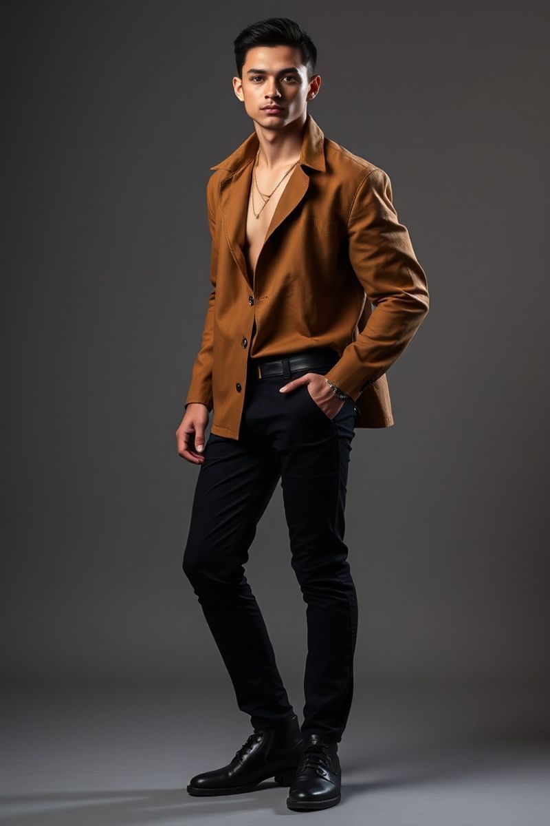 Matheus Cardoso full body editorial pose in high fashion clothing