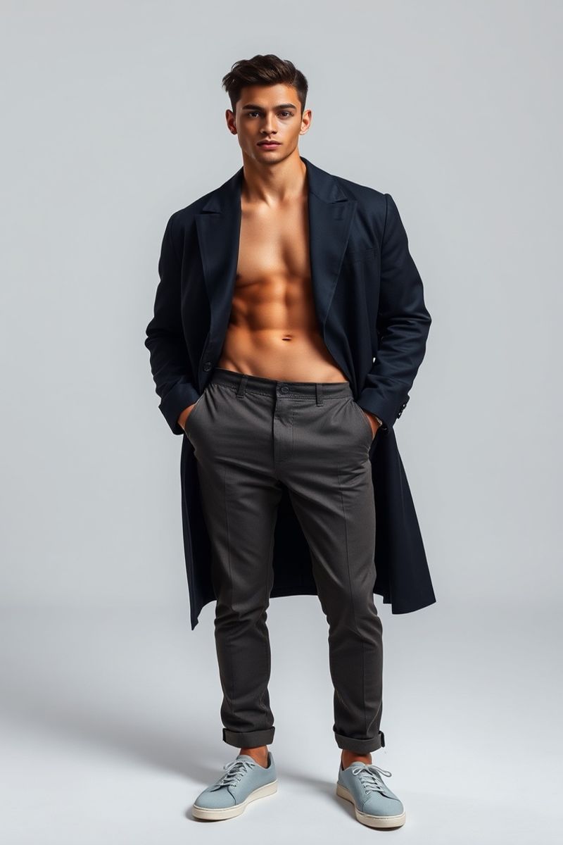 Matheus Oliveira full body editorial pose in high fashion clothing
