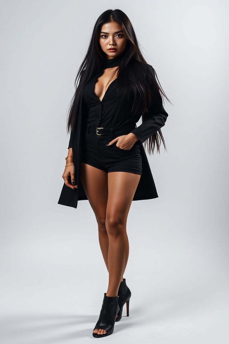 Maya Reyes full body editorial pose in high fashion clothing