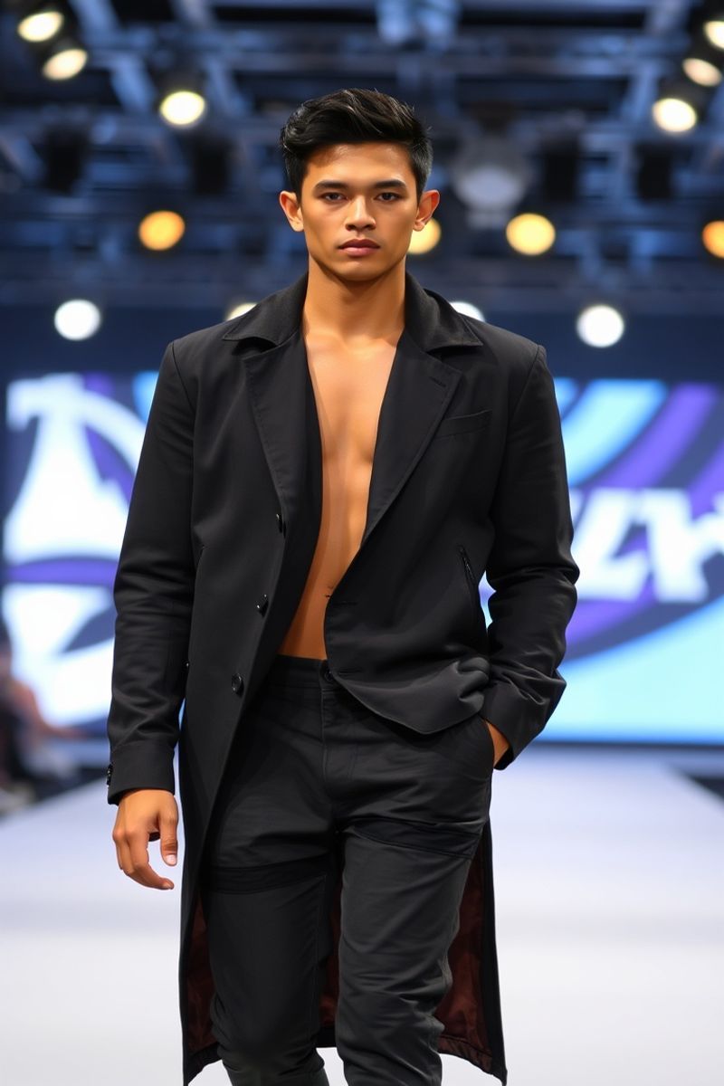 Miguel Santos-Reyes fashion runway walk in designer clothing