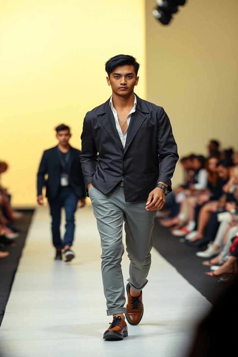 Miguel Santos fashion runway walk in designer clothing