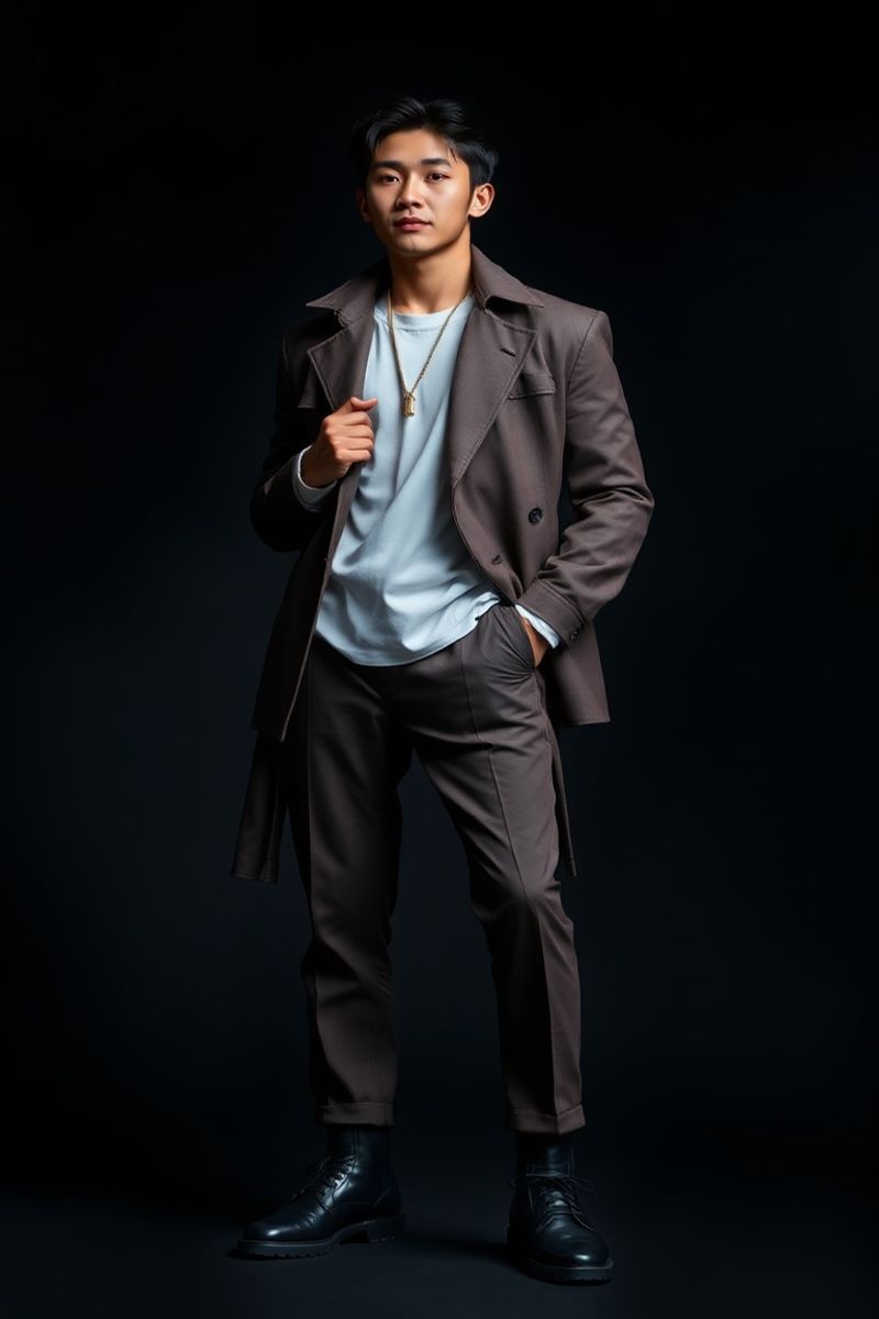 Min-Ho Choi full body editorial pose in high fashion clothing
