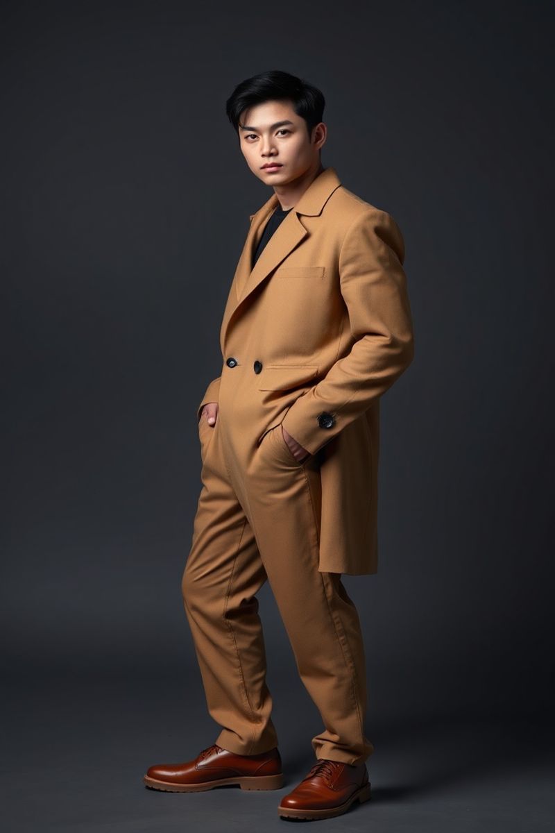 Min-Ho Kang full body editorial pose in high fashion clothing