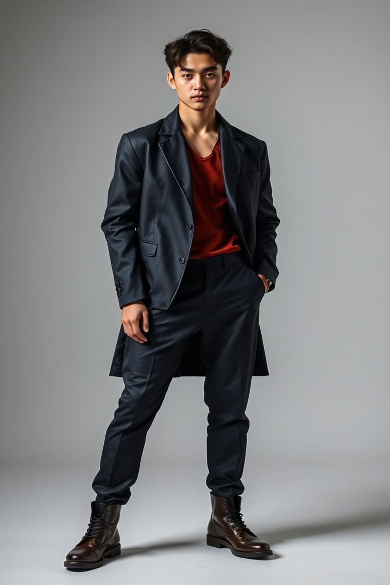 Min-Jae Kim full body editorial pose in high fashion clothing