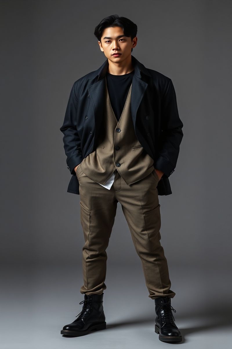 Min-Jae Park full body editorial pose in high fashion clothing