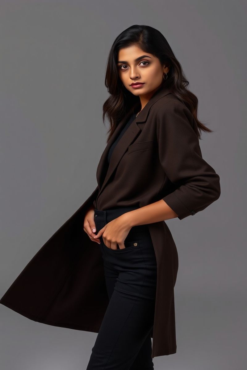 Neha Patel full body editorial pose in high fashion clothing