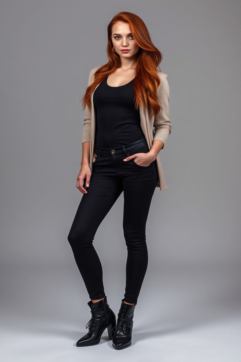 Olivia Bennett full body editorial pose in high fashion clothing