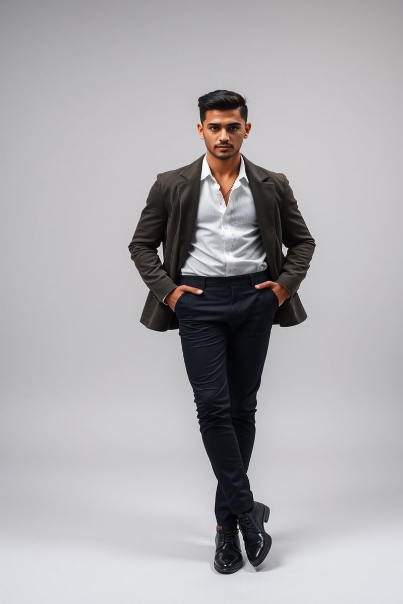 Omar Al-Rashid full body editorial pose in high fashion clothing