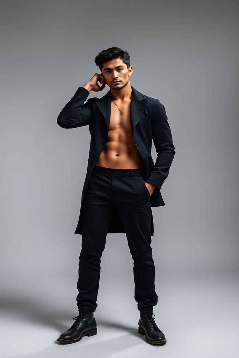 Rafael Costa Silva full body editorial pose in high fashion clothing