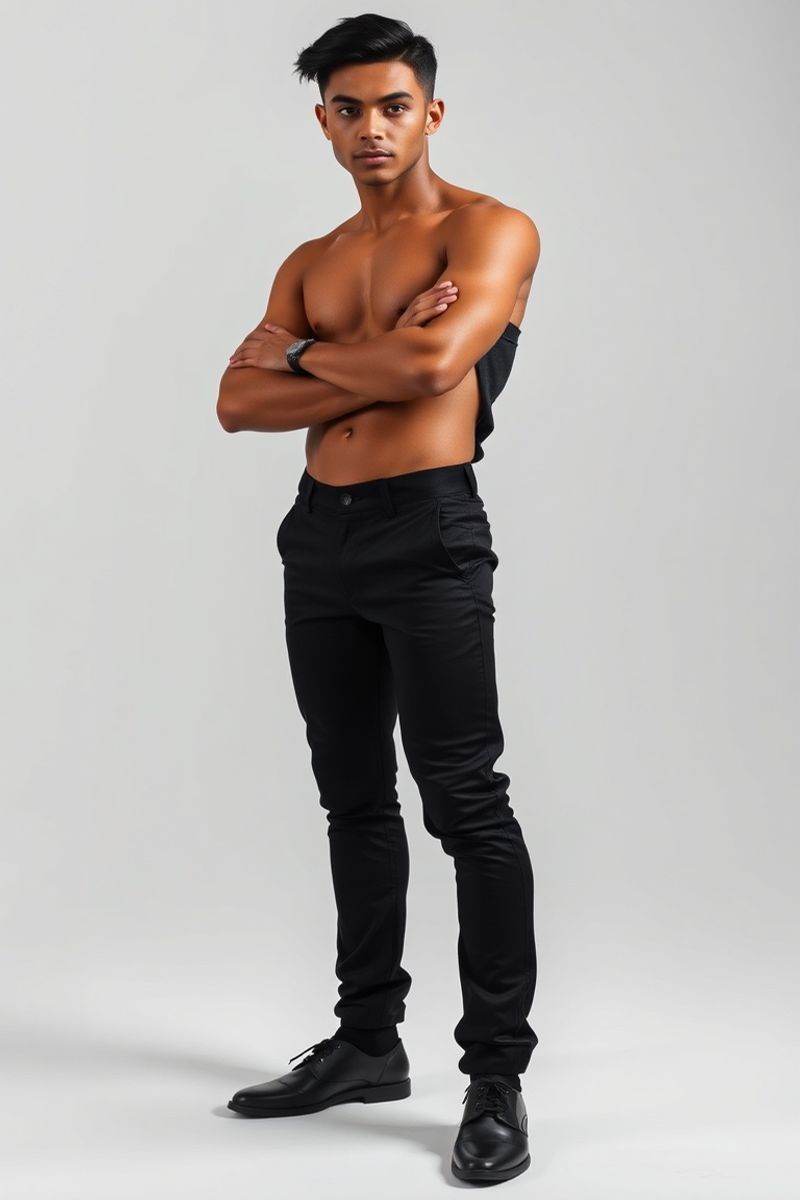 Rafael Mendes full body editorial pose in high fashion clothing