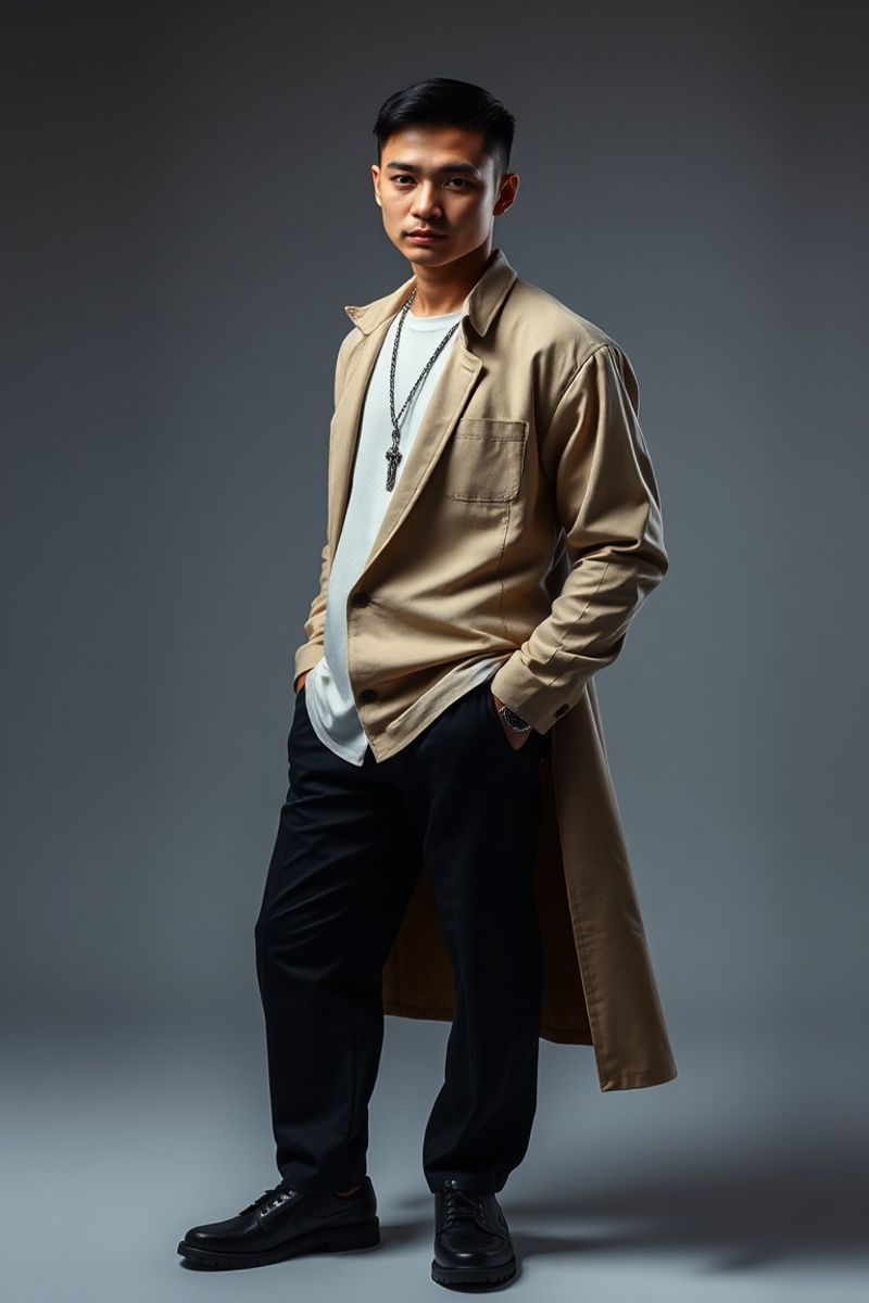 Rafael Santos full body editorial pose in high fashion clothing