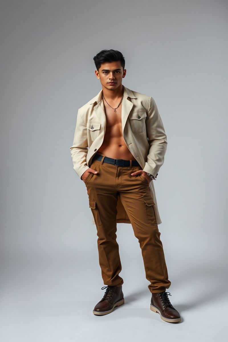 Rafael Suarez full body editorial pose in high fashion clothing
