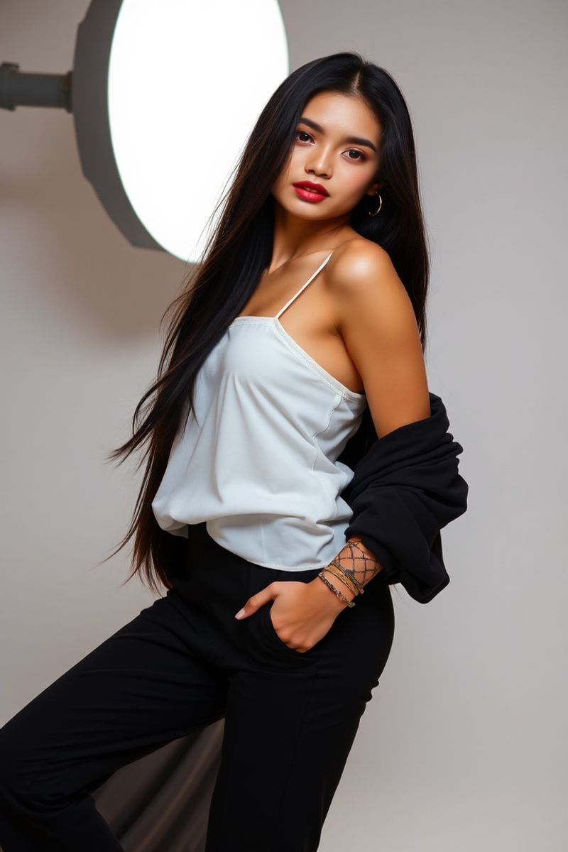 Reina Villanueva full body editorial pose in high fashion clothing