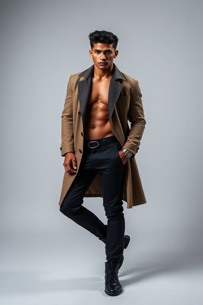 Rodrigo Nascimento full body editorial pose in high fashion clothing