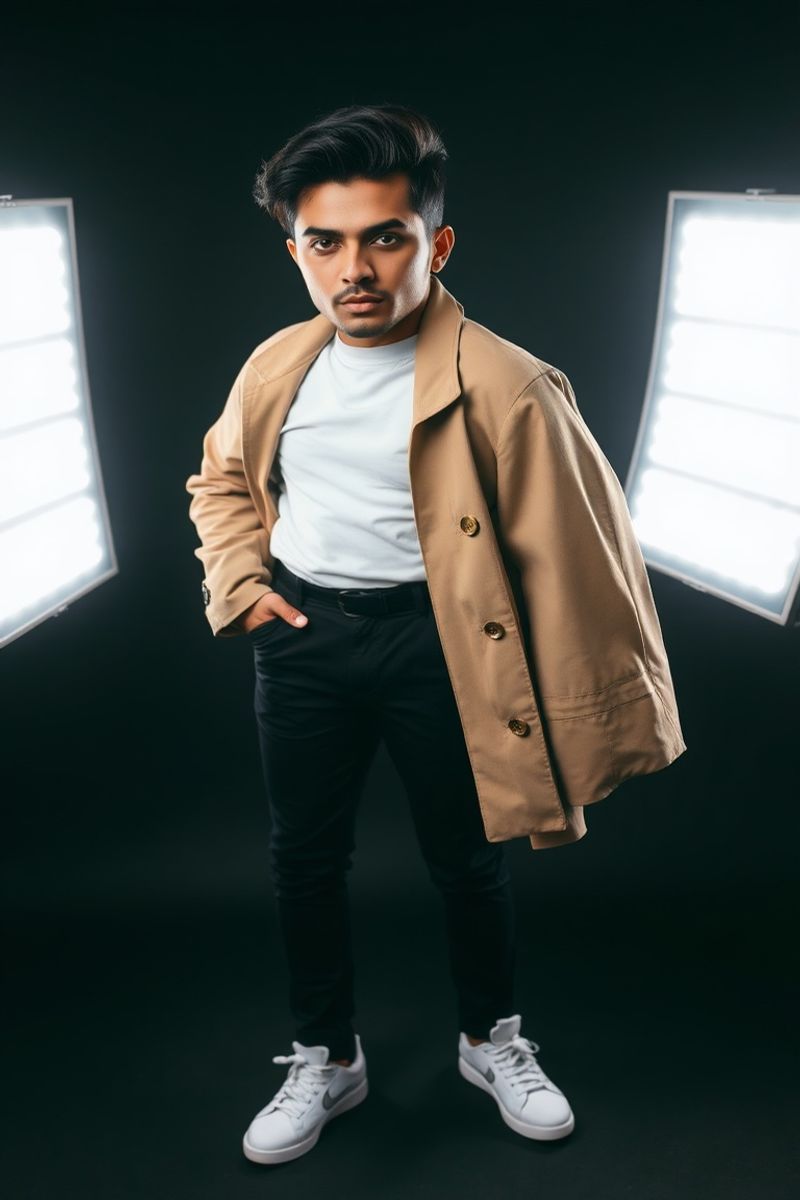 Rohan Mehta full body editorial pose in high fashion clothing