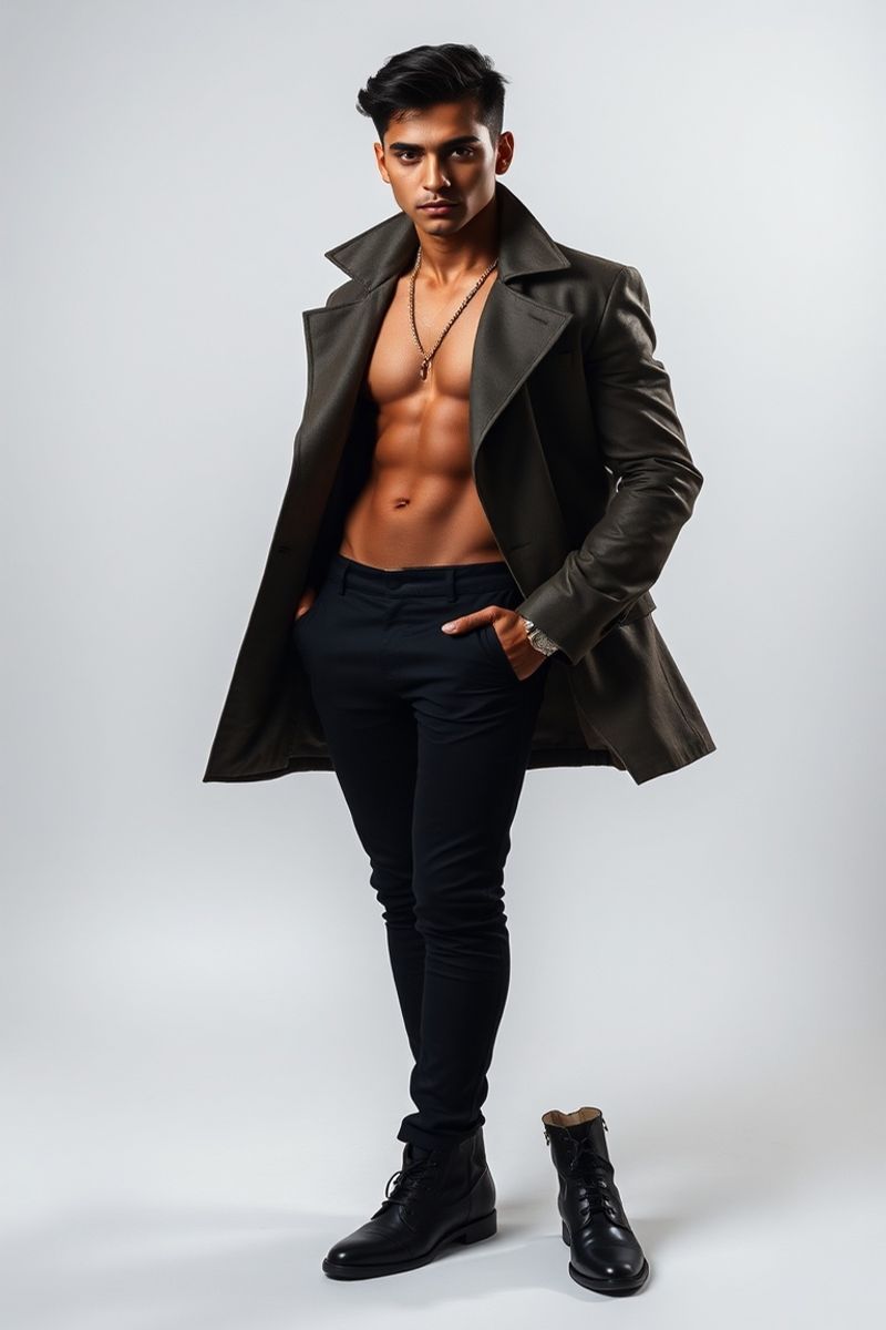 Santiago Moreno full body editorial pose in high fashion clothing