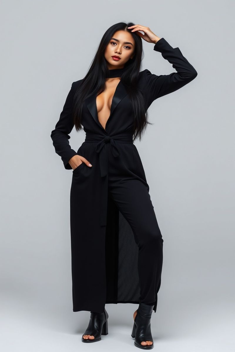 Sari Wijaya full body editorial pose in high fashion clothing