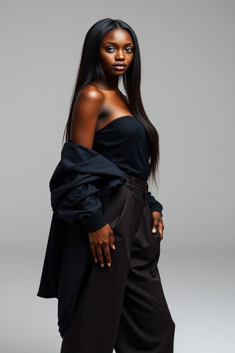 Selam Girma full body editorial pose in high fashion clothing