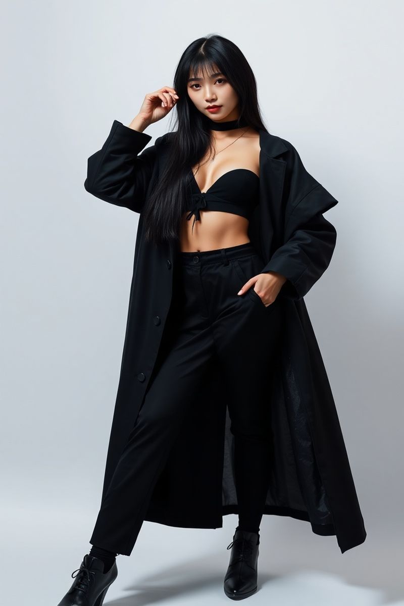 Seo-yeon Kim full body editorial pose in high fashion clothing