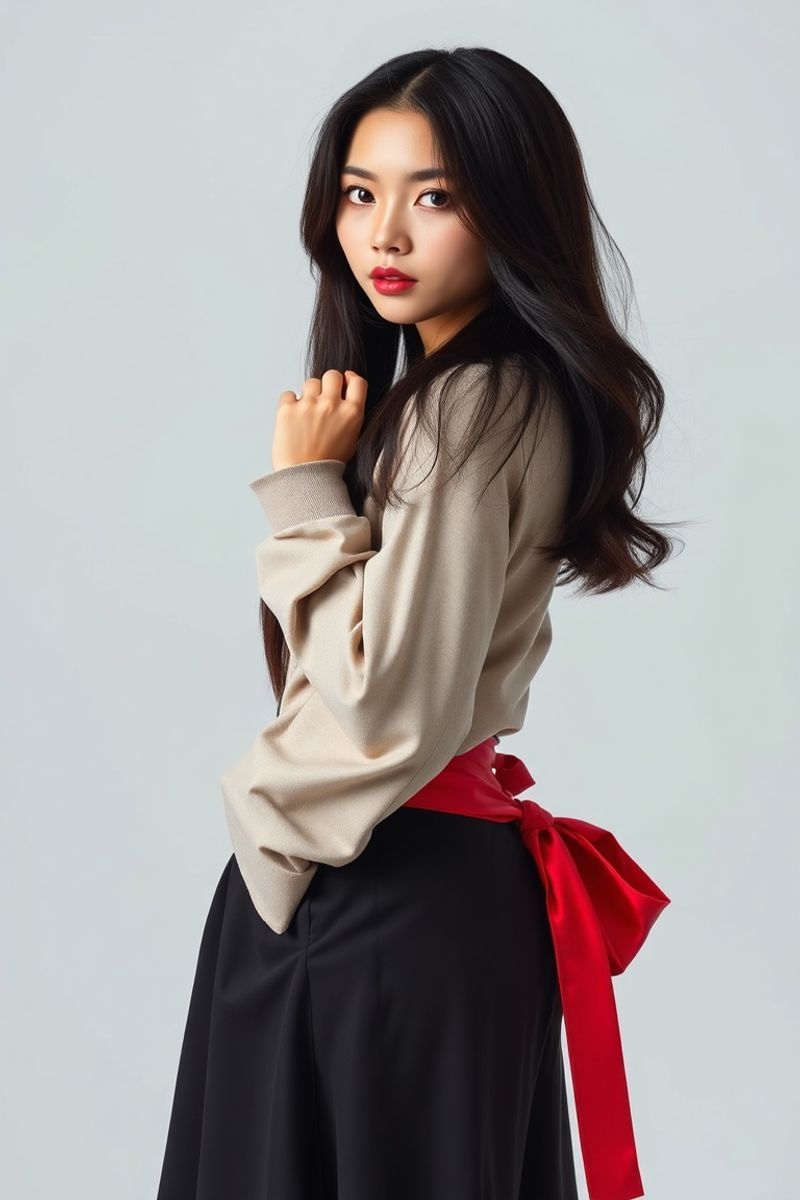 Seo-Yun Kim full body editorial pose in high fashion clothing