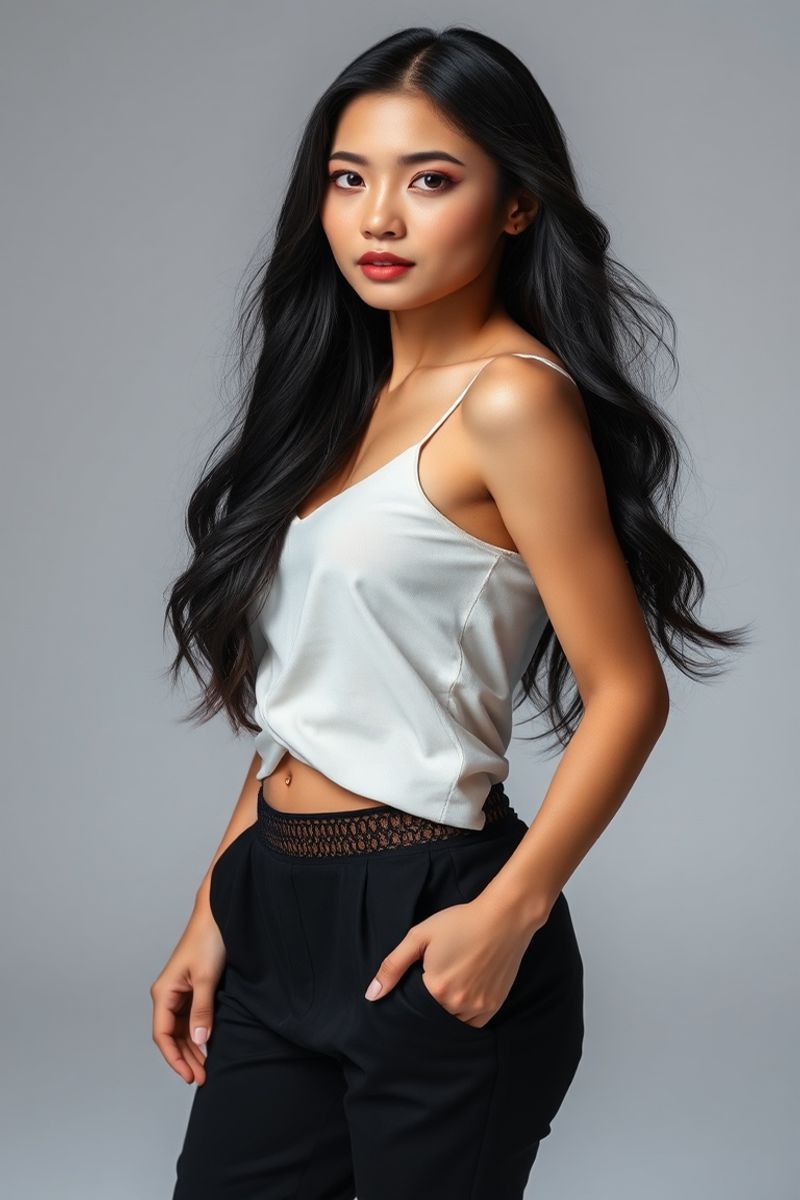 Siriporn Chantra full body editorial pose in high fashion clothing