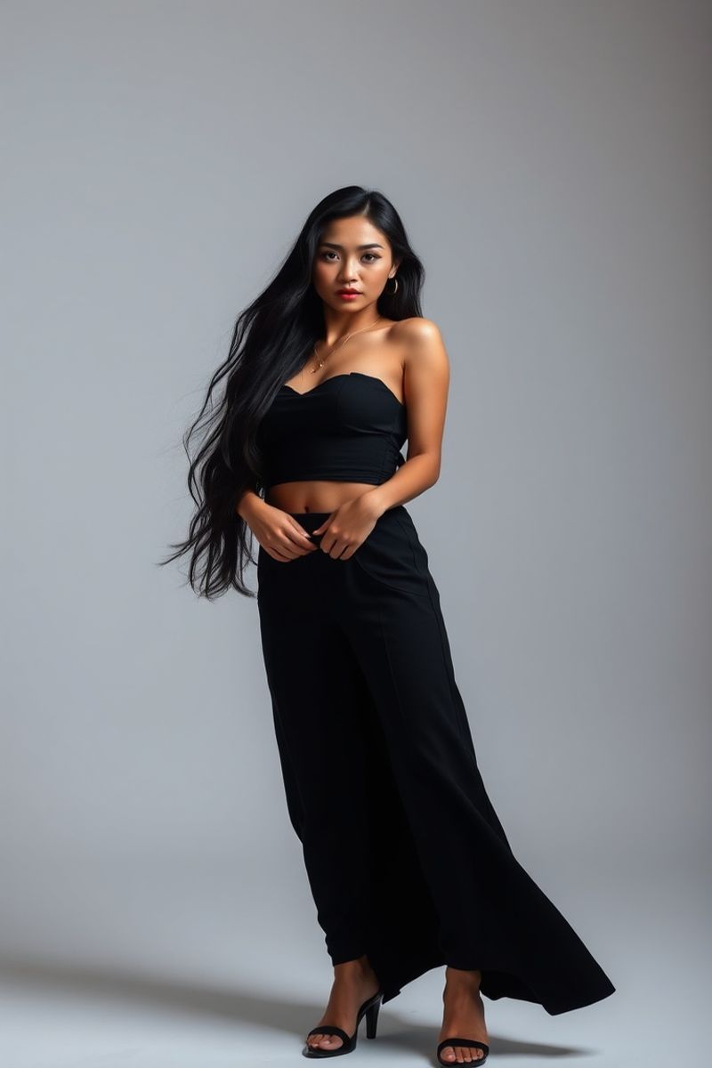 Sofia Dela Cruz full body editorial pose in high fashion clothing