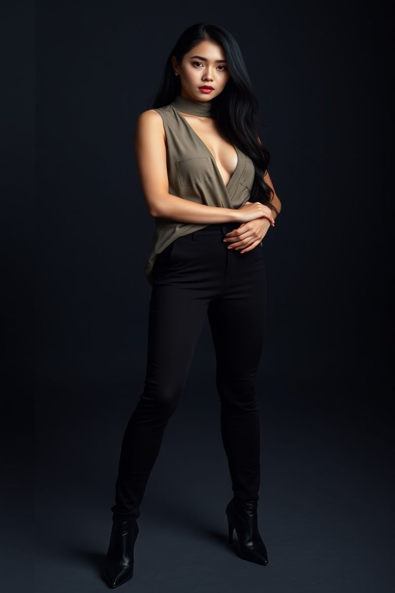 Sofia Delacruz full body editorial pose in high fashion clothing