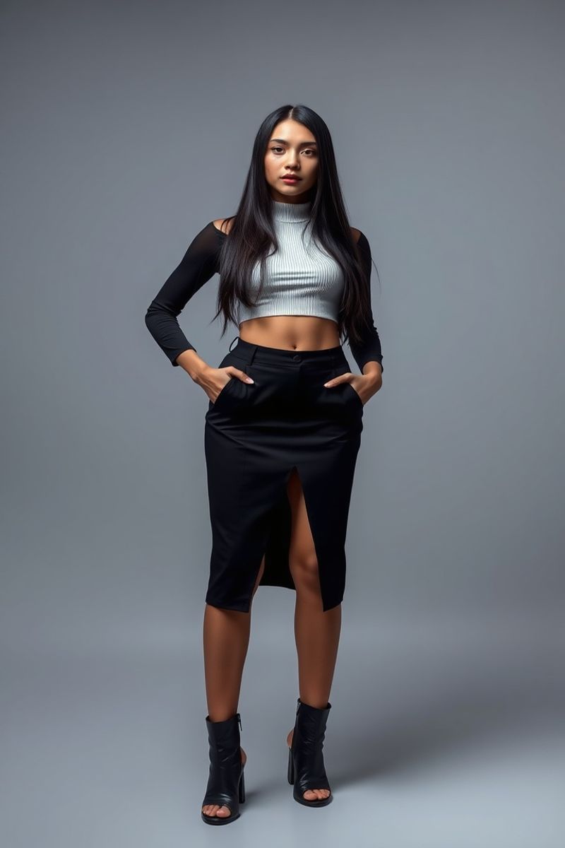 Sofia Delgado full body editorial pose in high fashion clothing