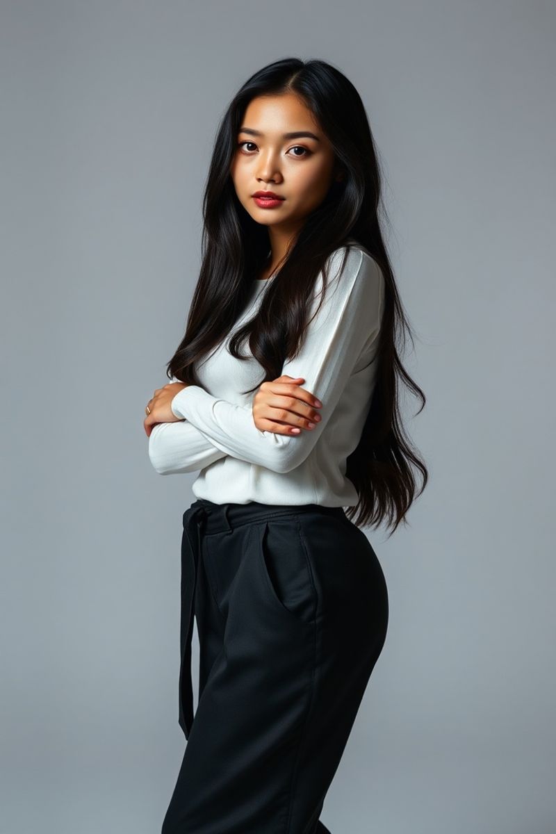 Soo-Jin Park full body editorial pose in high fashion clothing