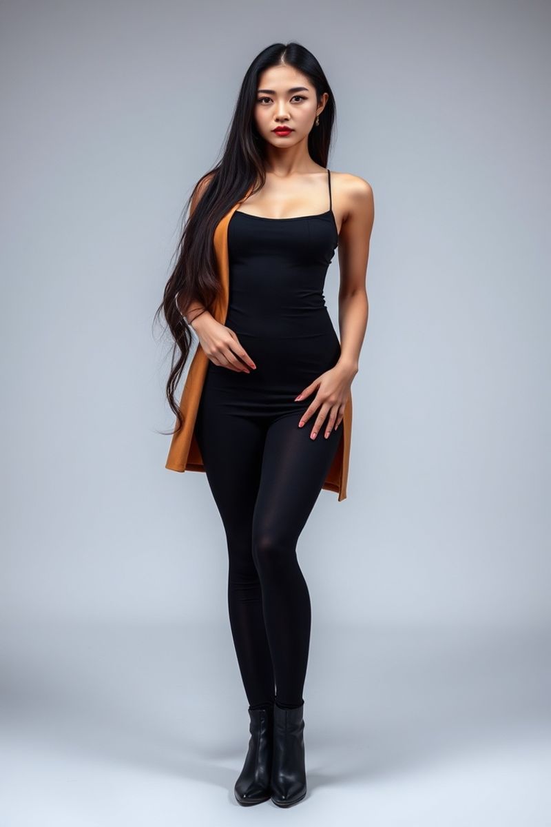 Soo-Min Han full body editorial pose in high fashion clothing