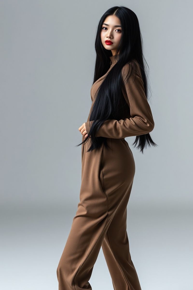 Soo-Min Park full body editorial pose in high fashion clothing