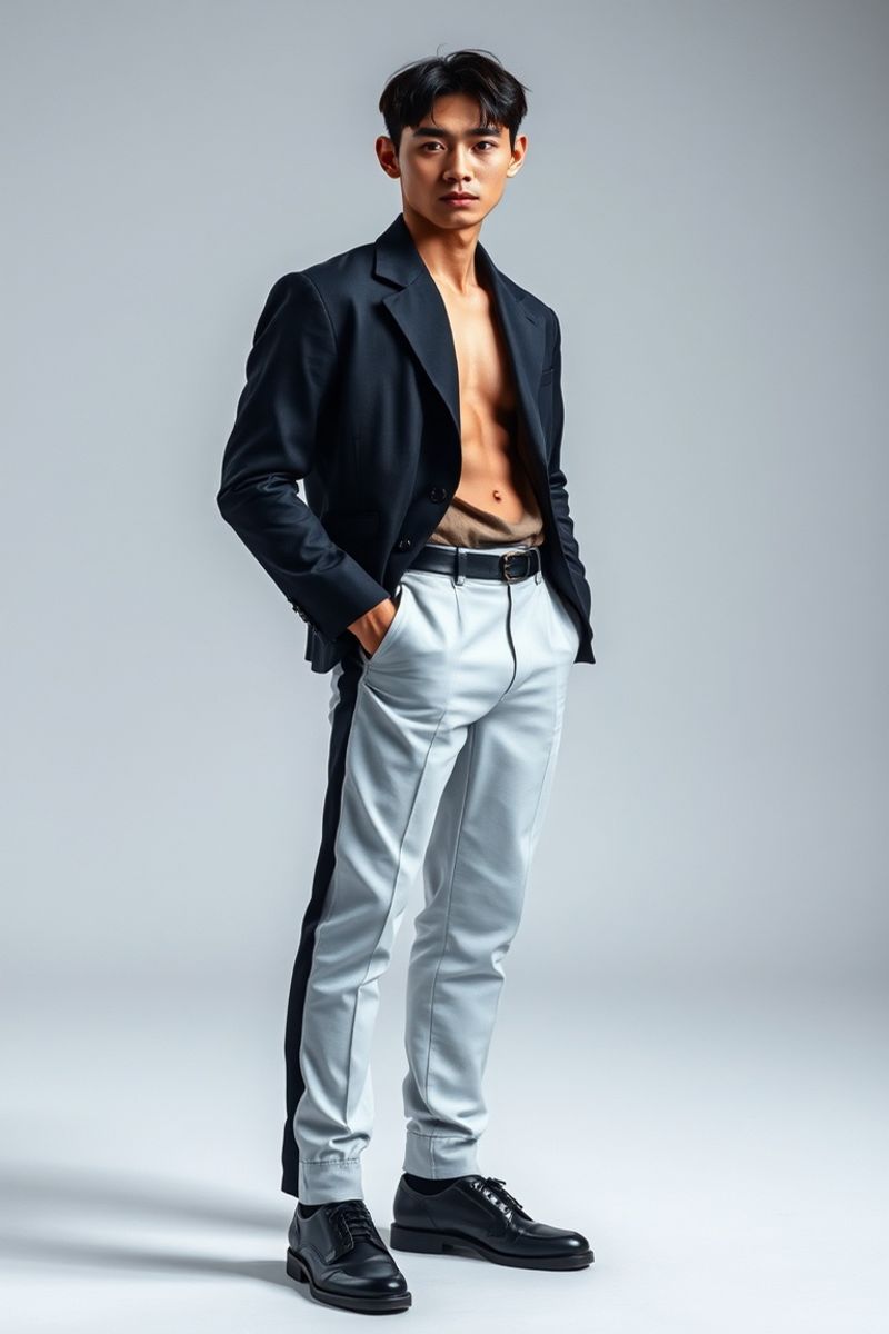 Tae-Yang Kim full body editorial pose in high fashion clothing