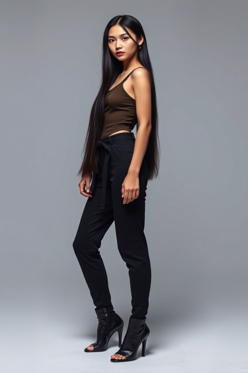 Trang Pham full body editorial pose in high fashion clothing