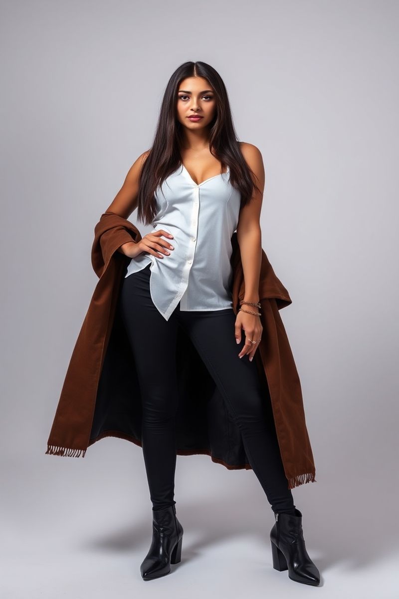 Valentina Flores full body editorial pose in high fashion clothing