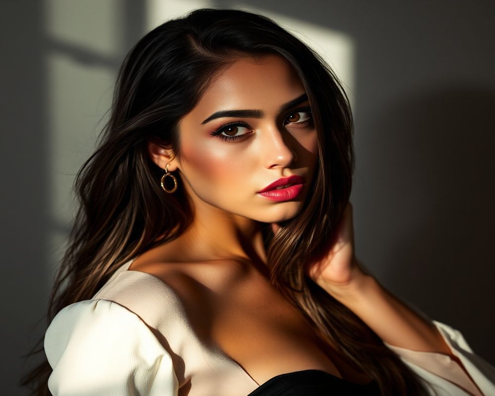 Valentina Flores high fashion editorial photoshoot with dramatic lighting