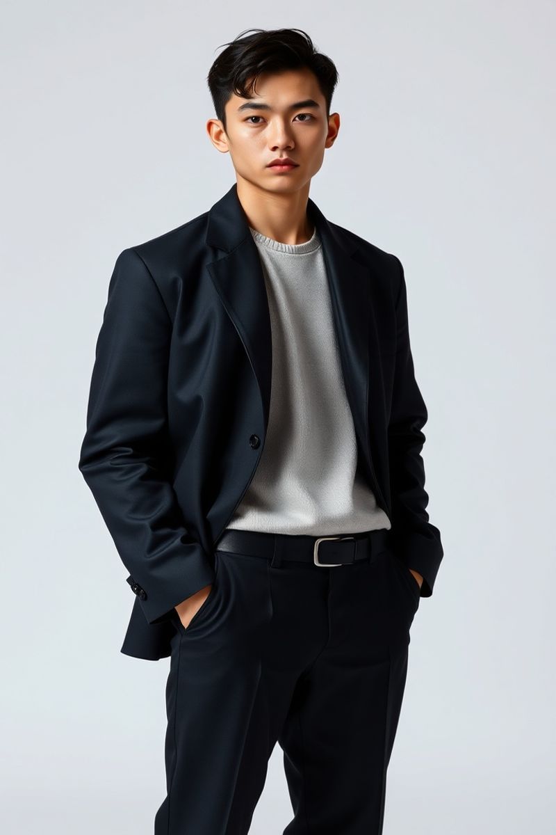 Wei Chen full body editorial pose in high fashion clothing