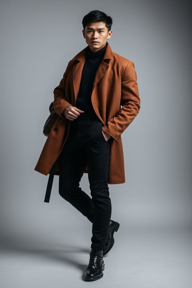 Wei Zhang full body editorial pose in high fashion clothing