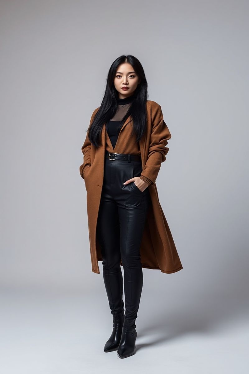 Xiaojing Chen full body editorial pose in high fashion clothing