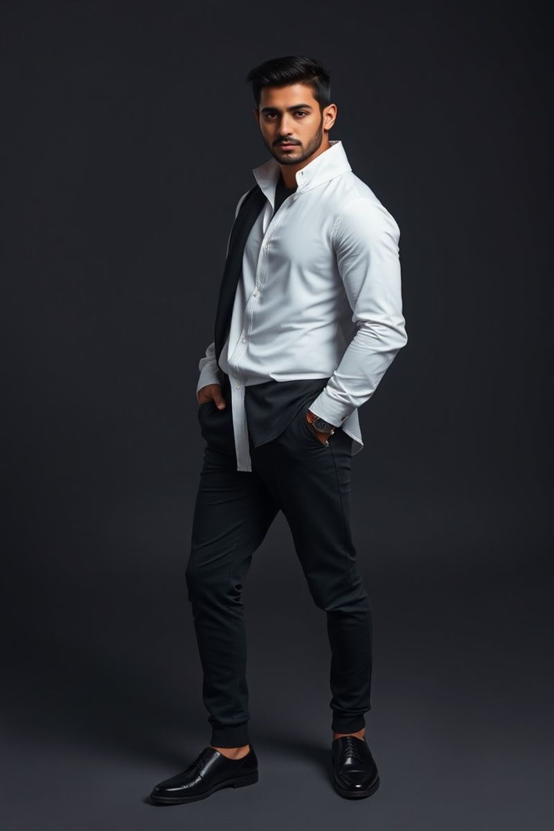 Youssef El Amrani full body editorial pose in high fashion menswear