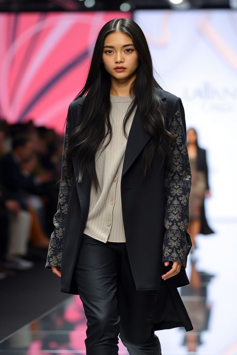 Yuna Park fashion runway walk in designer clothing with fashion week atmosphere